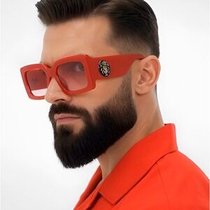 Sunglasses‎ Red Frame Gold Accent Square Design Fashion Shades Trendy Lentes New